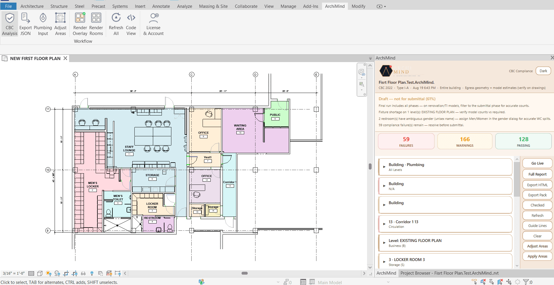 Illustrative ARCHIMIND CBC overlay on a Revit floor plan with color-coded rooms, failures, warnings, and passing checks in the analysis panel